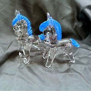 Pair Of Blue Horse Donkey Morden Glass Art Figurine Statue 5.5” H - Vintage cute